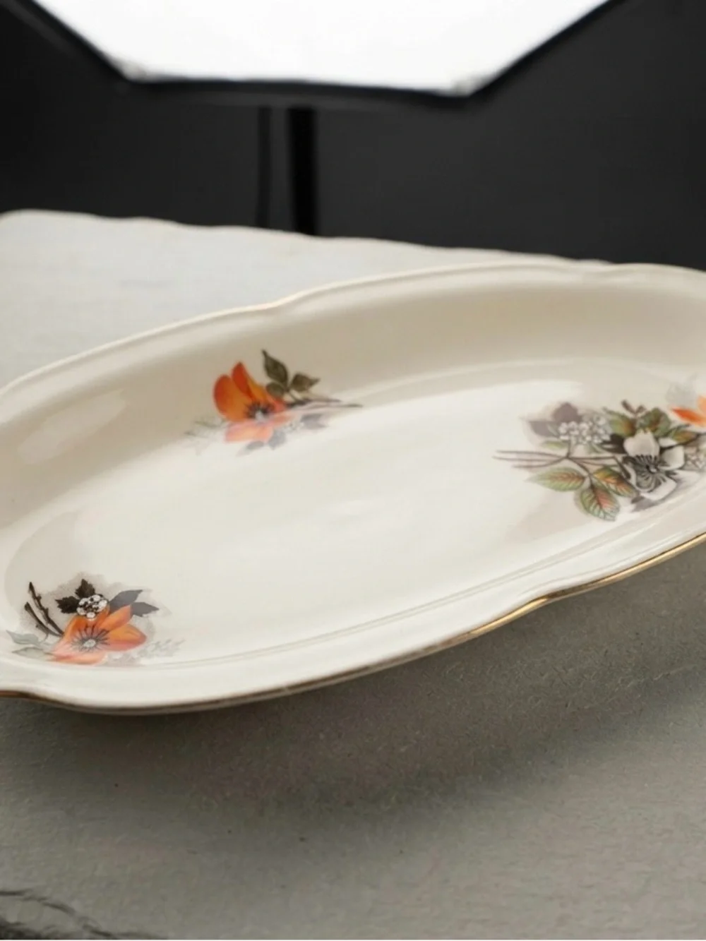 Vintage Soviet Korosten Porcelain Oval Platter Orange Floral 1970s USSR 12